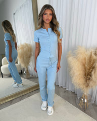 Elsie Short Sleeve Button Top & Trouser Co-ord Set - Baby Blue
