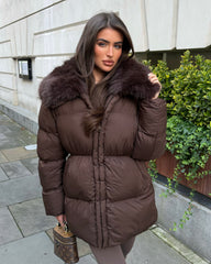 Aveline Hooded Faux Fur Trim Jacket - Brown