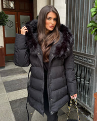 Seraphine Faux Fur Hooded Belted Coat- Black
