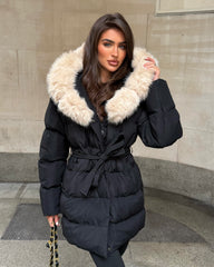 Seraphine Faux Fur Hooded Belted Coat- Black/Beige