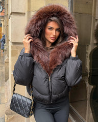 Celeste Hooded Padded Bomber Jacket with Faux Fur Trim - Black/Brown