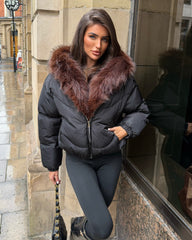 Celeste Hooded Padded Bomber Jacket with Faux Fur Trim - Black/Brown