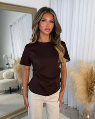 NADIA Round Neck Scuba Fabric Side Ruched T-Shirt - Chocolate