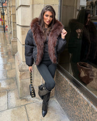 Celeste Hooded Padded Bomber Jacket with Faux Fur Trim - Black/Brown