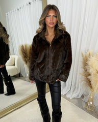 Jasmine Faux Fur Hooded Stitch Detail Jacket - Chocolate