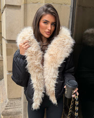 Celeste Hooded Padded Bomber Jacket with Faux Fur Trim - Black/Beige