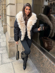 Celeste Hooded Padded Bomber Jacket with Faux Fur Trim - Black/Beige