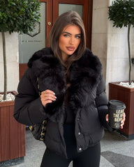 Vienne V-Neck Hooded Faux Fur  Trim Bomber Coat - Black
