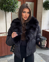 Vienne V-Neck Hooded Faux Fur  Trim Bomber Coat - Black