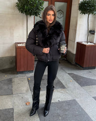 Vienne V-Neck Hooded Faux Fur  Trim Bomber Coat - Black
