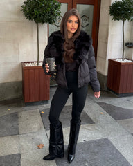 Vienne V-Neck Hooded Faux Fur  Trim Bomber Coat - Black