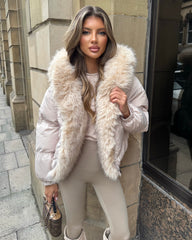 Celeste Hooded Padded Bomber Jacket with Faux Fur Trim - Beige