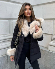 Klara Faux Fur trim Hooded Padded Coat- Black/Beige