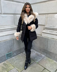 Klara Faux Fur trim Hooded Padded Coat- Black/Beige