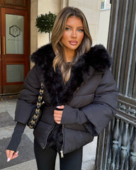 Ruby Hooded Padded Coat with Faux Fur Trim - Black