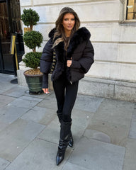 Ruby Hooded Padded Coat with Faux Fur Trim - Black