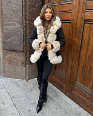 Colette Hooded Coat with Faux Fur Front & Cuffs- Black/Beige