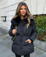 Aveline Hooded Faux Fur Trim Jacket - Black