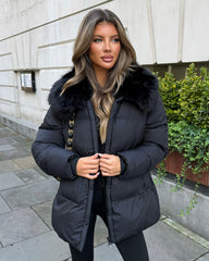 Aveline Hooded Faux Fur Trim Jacket - Black