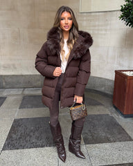 Seraphine Faux Fur Hooded Belted Coat- Brown