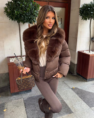 Vienne V-Neck Hooded Faux Fur  Trim Bomber Coat - Brown