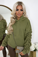 Penny Ruched Sleeve Hoodie - Olive Khaki