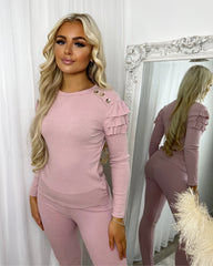 Kara Gold Button Frill Loungeset - Pink