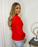 Thea Fitted Gold Button Blazer - Red