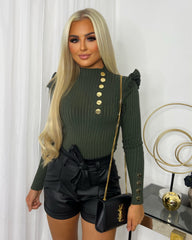 Elara Gold Button Frill Jumper - Khaki