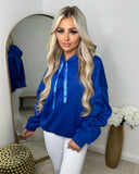 Rachael Ruched Sleeve Hoodie with Ribbon Detail - Royal Blue