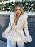 Lillie Belted Fur Hooded Coat - Cream