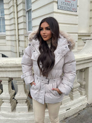 Kelsey Padded Faux Fur Hooded Coat - Beige