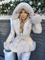 Lillie Belted Fur Hooded Coat - Beige